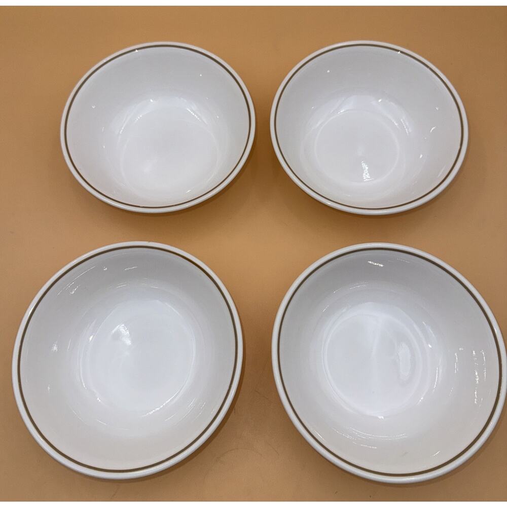 4 Corelle CEREAL BOWLS Harvest Home WHITE Orange Brown Stripe Band 6 1/4” SOUP